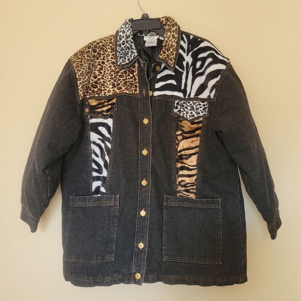 VGT Cervelle Jacket Womens Medium Denium Jean Cheetah Print Button Up Lined Coat